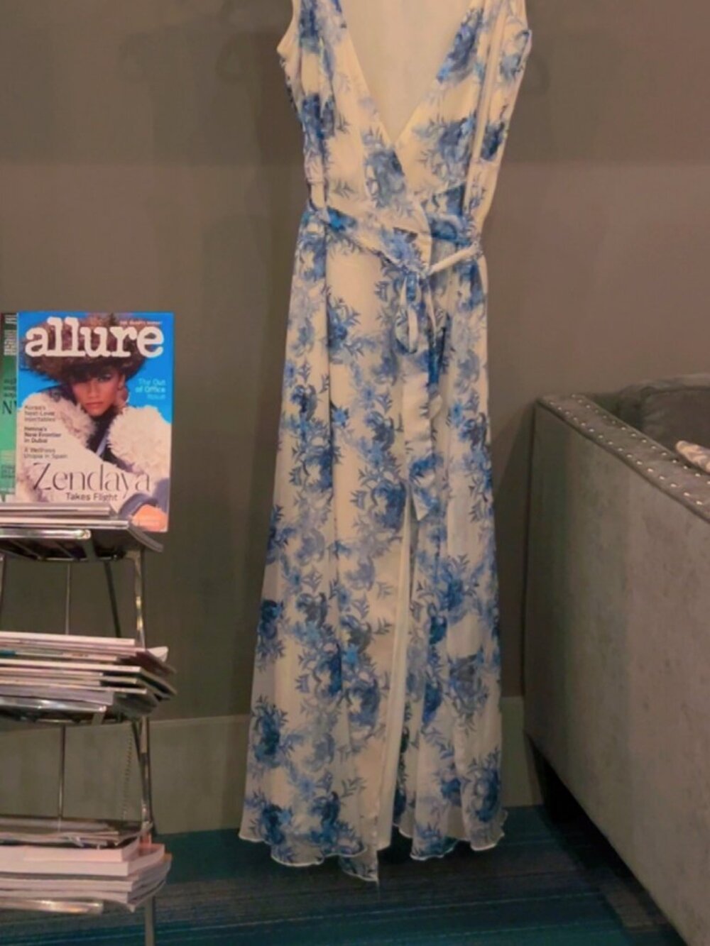 GUESS Floral Wrap Maxi Dress White Blue Size S Wedding Guest